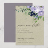 Violet Paarse Floral Kraft Save the Date Invite Bedankkaart (Voorkant / Achterkant)