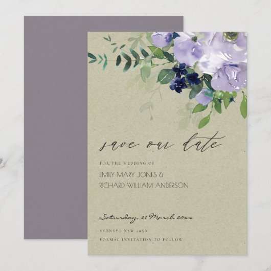 Violet Paarse Floral Kraft Save the Date Invite Bedankkaart (Voorkant / Achterkant)