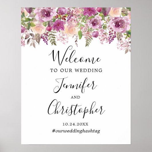 Violet Paarse Floral Weduwschap Welkomstteken Poster (Voorkant)