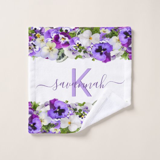 Violet paarse florals white monogram name script bad handdoek (Wasdoekje)