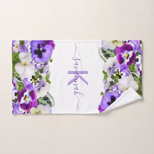 Violet paarse florals white monogram name script bad handdoek (Handdoek)
