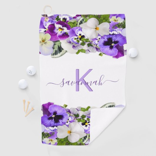 Violet paarse florals white monogram name script golfhanddoek (Insitu)