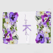 Violet paarse florals white monogram name script golfhanddoek (Horizontaal)