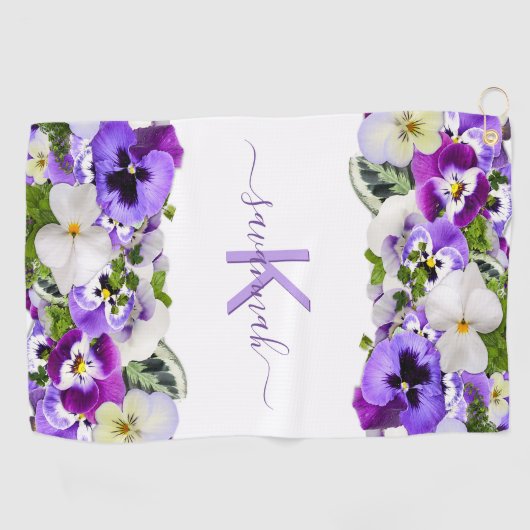 Violet paarse florals white monogram name script golfhanddoek (Horizontaal)