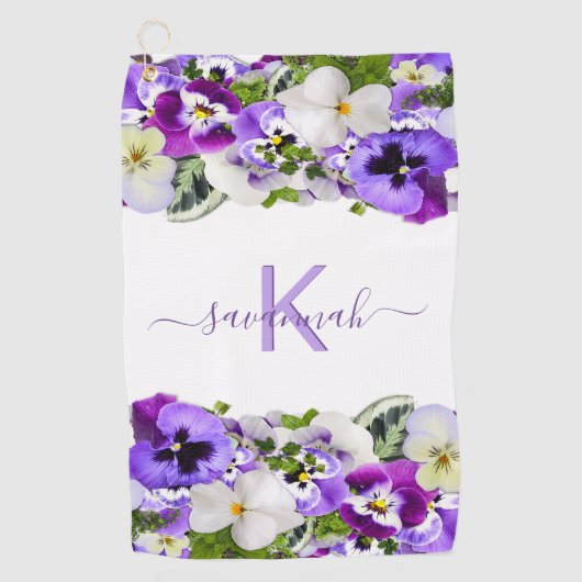 Violet paarse florals white monogram name script golfhanddoek (Voorkant)