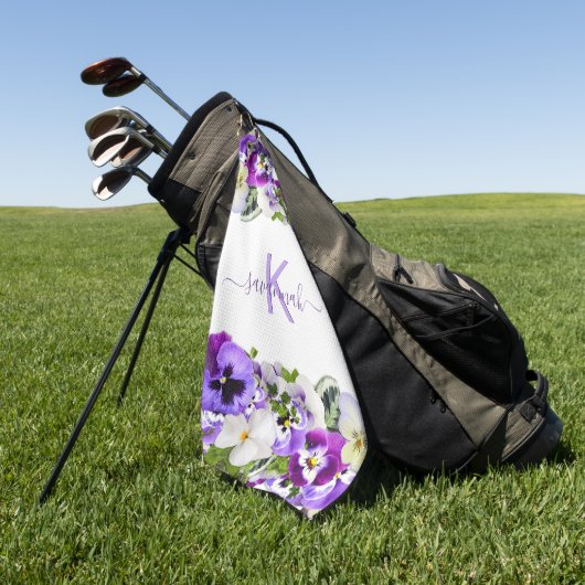 Violet paarse florals white monogram name script golfhanddoek (Groen)