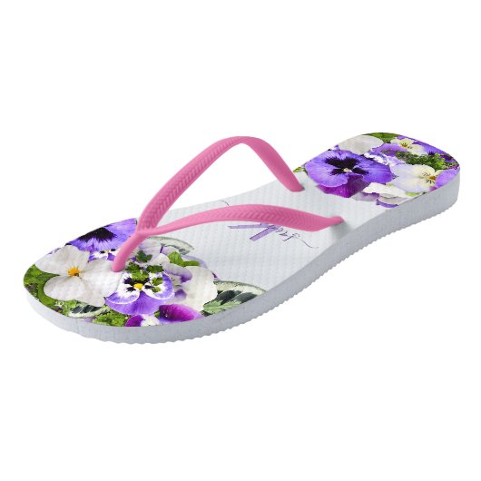 Violet paarse florals white monogram name script teenslippers (Schuin)