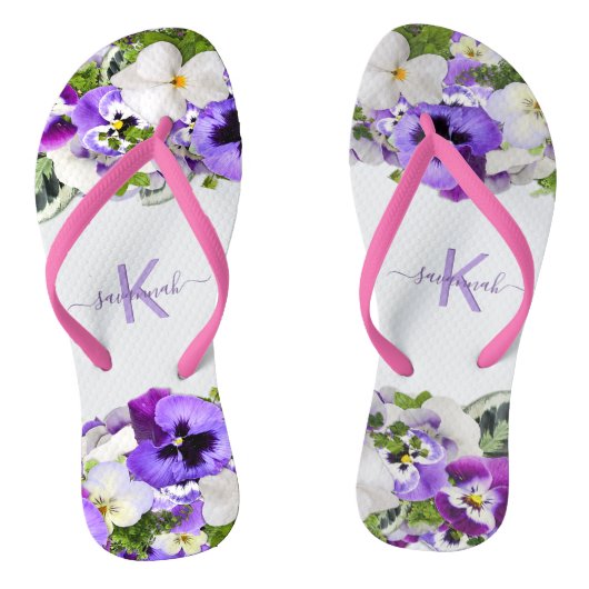 Violet paarse florals white monogram name script teenslippers (Voetbed)