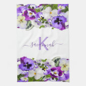 Violet paarse florals white monogram name script theedoek (Verticaal)