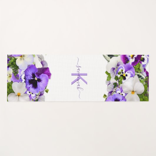 Violet paarse florals white monogram name script yogamat (Voorkant (horizontaal))