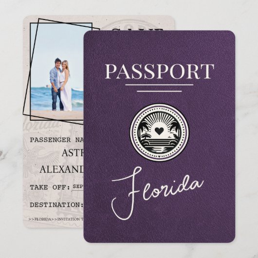Violet Paarse Florida Passport Bewaar de datum Save The Date (Voorkant / Achterkant)