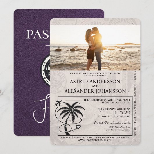 Violet Paarse Florida Passport Uitnodiging (Voorkant / Achterkant)