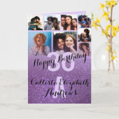 Violet Paarse Glitter Fotocollage Gelukkige Verjaa Kaart (Gele Bloem)