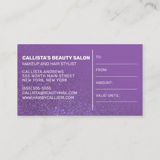 Violet Paarse Glitter Gradient Cadeaubon Visitekaartje (Achterkant)