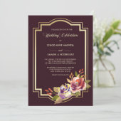 Violet Paarse gouden Lijst Bloemen bruiloft uitnod Kaart (Staand voorkant)