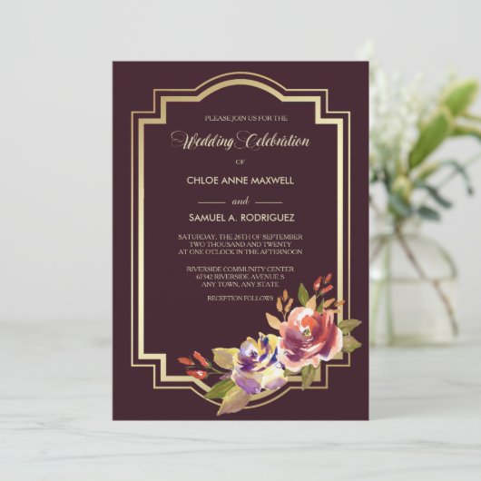 Violet Paarse gouden Lijst Bloemen bruiloft uitnod Kaart (Staand voorkant)