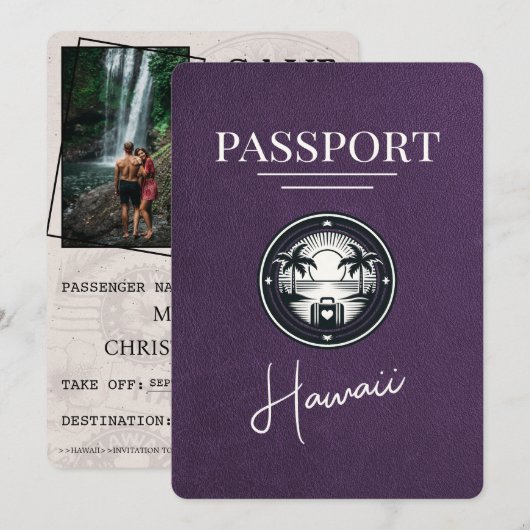 Violet Paarse Hawaii Passport Bewaar de datum Save The Date (Voorkant / Achterkant)
