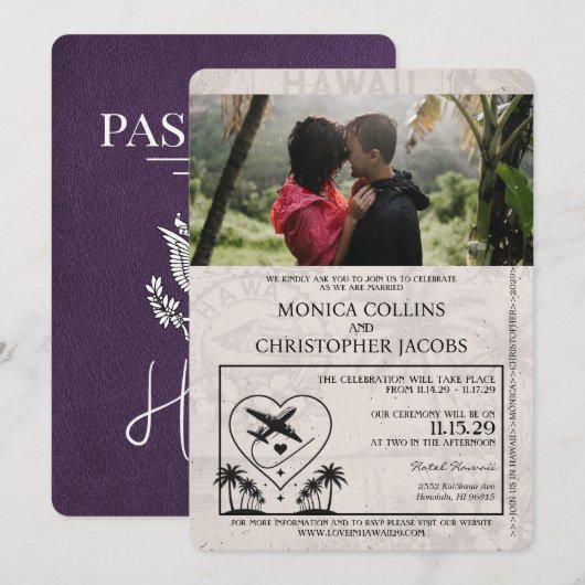 Violet Paarse Hawaii Passport Uitnodiging (Voorkant / Achterkant)