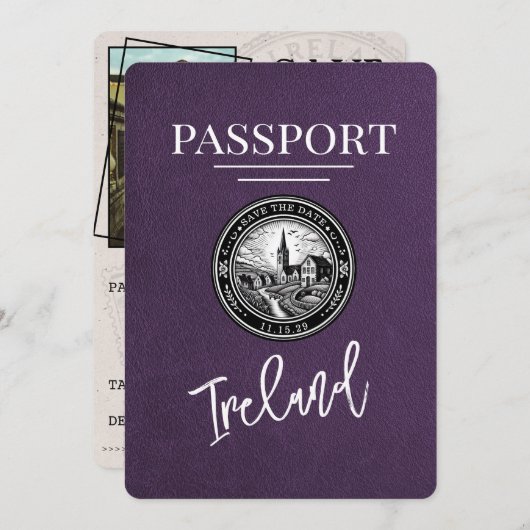 Violet Paarse Ireland Passport Bewaar de datum Save The Date (Voorkant / Achterkant)