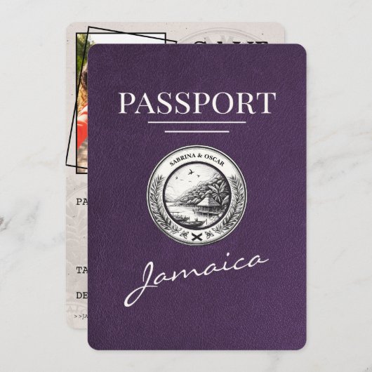 Violet Paarse Jamaica Passport Bewaar de datum Save The Date (Voorkant / Achterkant)