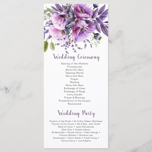Violet Paarse Lavendel Bloemen Trouwprogramma Programmakaart (Achterkant)