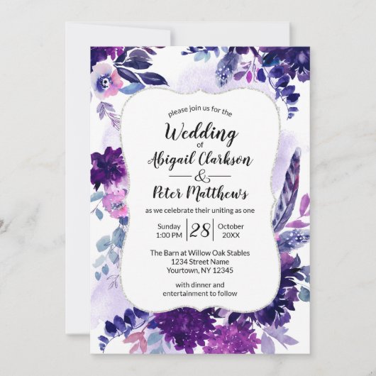 Violet Paarse Lavendel Bloemen Waterverf Bruiloft Kaart (Voorkant)