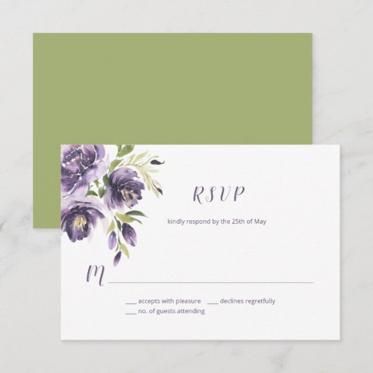 Violet Paarse Lavendel Groene Waterverf Bloemen | RSVP Kaartje (Voorkant / Achterkant)