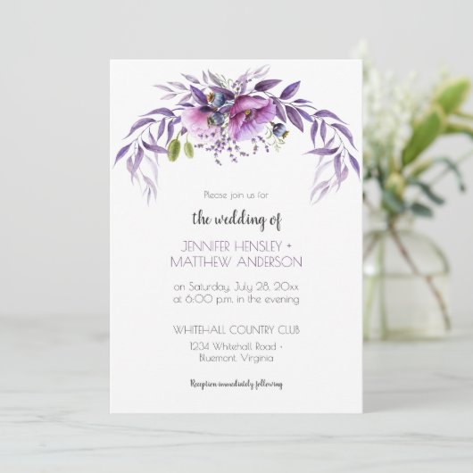 Violet Paarse Lavendel Waterverf Bloemen Huwelijk  Kaart (Staand voorkant)