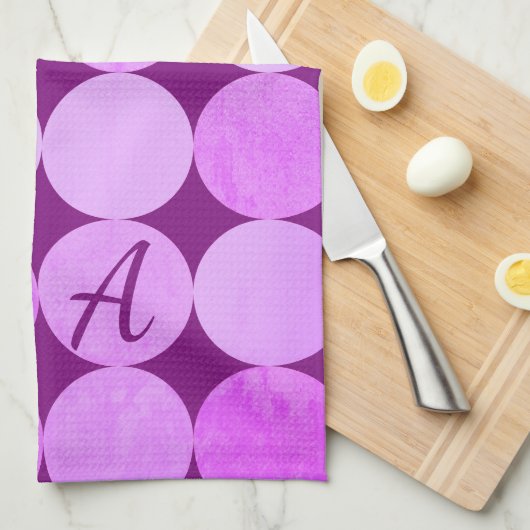 Violet, Paarse magenta & roze cirkels Monogram Theedoek (Quarter Fold)