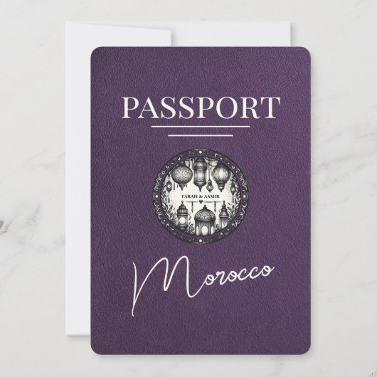 Violet Paarse Marokko Passport Wedding Kaart (Achterkant)
