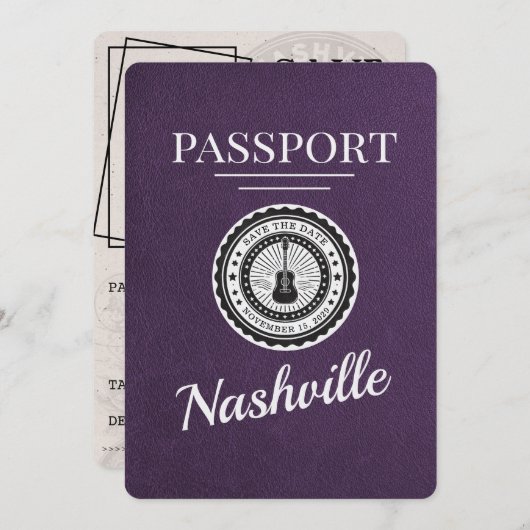 Violet Paarse Nashville Passport Bewaar de datum Save The Date (Voorkant / Achterkant)