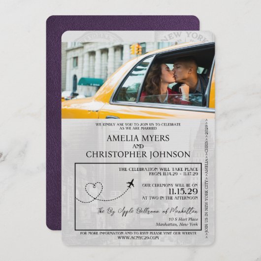 Violet Paarse New York Passport Wedding Kaart (Voorkant / Achterkant)