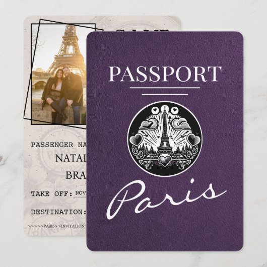 Violet Paarse Parijse Paspoort Bewaar de datum Save The Date (Voorkant / Achterkant)