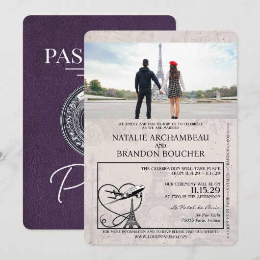 Violet Paarse Paris Passport Wedding Kaart (Voorkant / Achterkant)