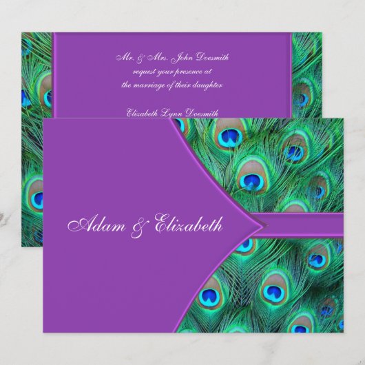 Violet Paarse Pauw Huwelijksuitnodigingen Kaart (Voorkant / Achterkant)