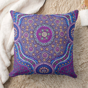 Violet Paarse Roze Blauw Sinaasappel Batik Art Pat Kussen