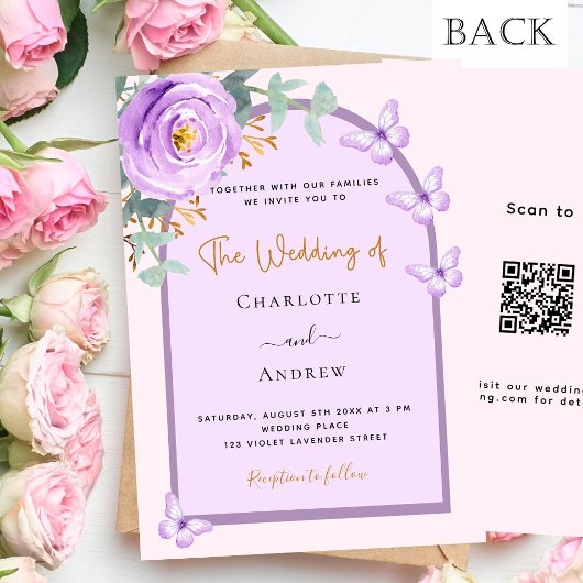 Violet paarse roze bloemboog QR RSVP bruiloft Kaart