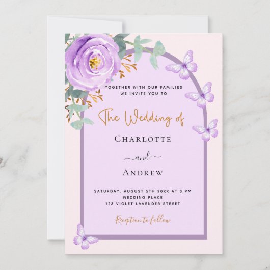 Violet paarse roze bloemboog QR RSVP bruiloft Kaart (Voorkant)