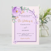 Violet paarse roze bloemboog QR RSVP bruiloft Kaart (Staand voorkant)