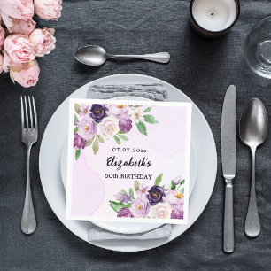 Violet paarse roze bloemen verjaardag servet