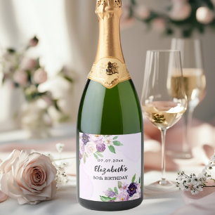 Violet paarse roze bloemen verjaardag sparkling wijnetiket