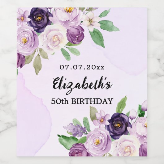 Violet paarse roze bloemen verjaardag wijn etiket (Enkel label)