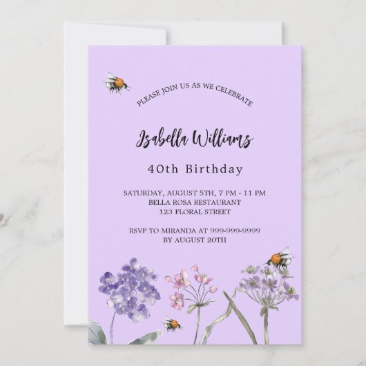 Violet paarse roze wilde bloemen verjaardag kaart (Voorkant)