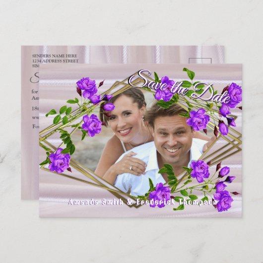 Violet-paarse Rozen op Roos-roze zijde Aankondigingskaart (Voorkant / Achterkant)