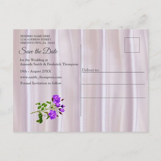 Violet-paarse Rozen op Roos-roze zijde Aankondigingskaart (Achterkant)