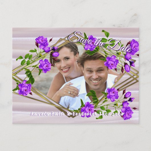 Violet-paarse Rozen op Roos-roze zijde Aankondigingskaart (Voorkant)