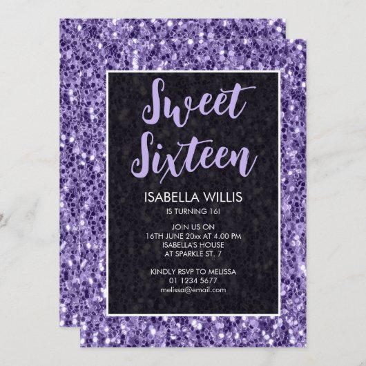 Violet paarse sparkles Sweet 16 elegant script Kaart (Voorkant / Achterkant)