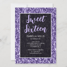 Violet paarse sparkles Sweet 16 elegant script Kaart