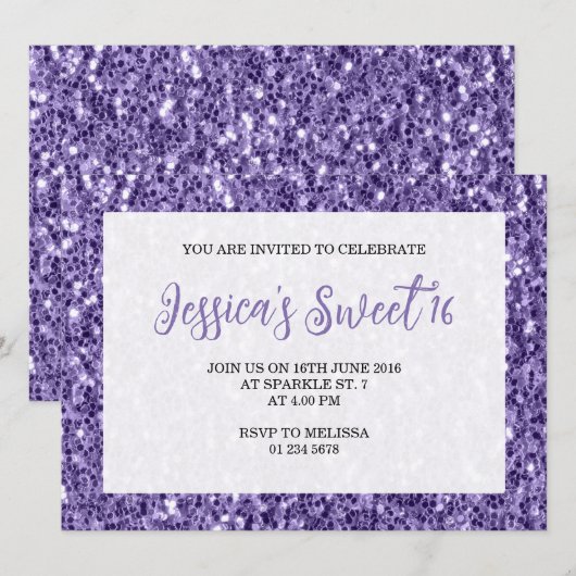 Violet paarse sparkles Sweet 16 elegant script Kaart (Voorkant / Achterkant)