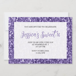 Violet paarse sparkles Sweet 16 elegant script Kaart